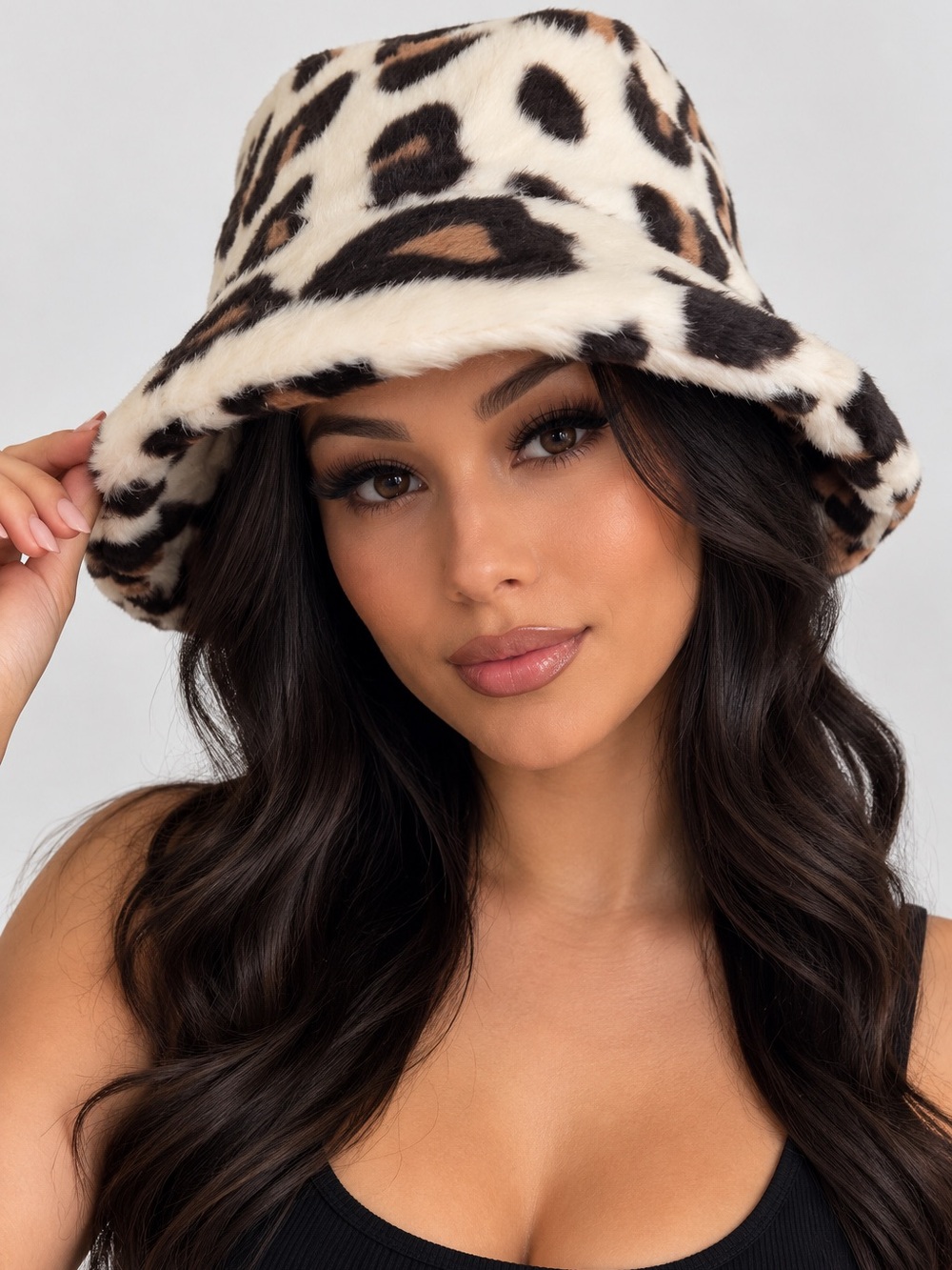 Leopard Print Faux Fur Vegan Fluffy Plush Festival Statement Winter Bucket Hat